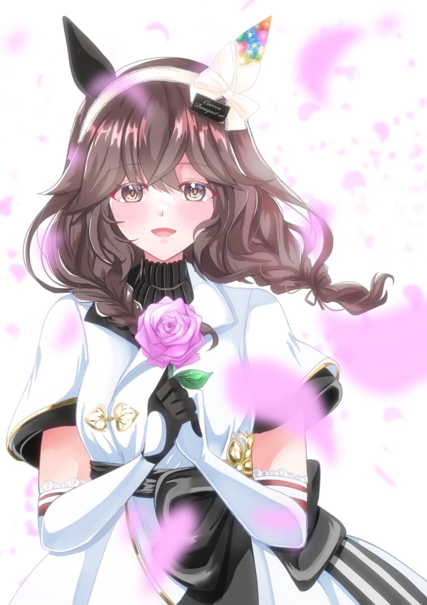 1girl animal_ears blurry blurry_background blush breasts brown_eyes brown_hair commentary_request curren_bouquetd&#039;or_(umamusume) dress elbow_gloves flower gloves hair_between_eyes hairband highres holding horse_ears horse_girl kentan_(kingtaiki) looking_at_viewer petals simple_background small_breasts solo umamusume