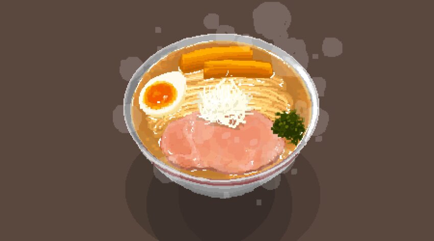 bowl brown_background chopped_spring_onion commentary egg_(food) food from_above grated_daikon highres hisachan55cute katsu_(food) mantou no_humans noodles original ramen scenery simple_background softboiled_egg steaming_food