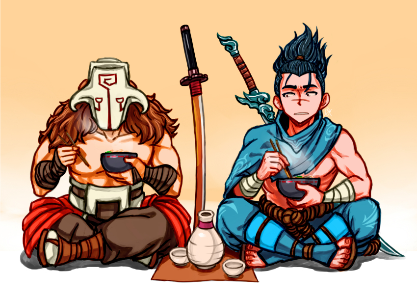 2boys absurdres alcohol black_eyes black_hair blue_pants blue_scarf bowl brown_pants chopsticks commentary crossover dota_(series) dota_2 english_commentary facing_viewer full_body highres holding holding_bowl holding_chopsticks indian_style juggernaut_(dota) katana league_of_legends male_focus mask multiple_boys orange_background pants planted planted_sword planted_weapon sake sandals scar scar_on_face scarf sheath sheathed sieyarelow sitting sword tabi toes topless_male weapon weapon_on_back yasuo_(league_of_legends) zouri