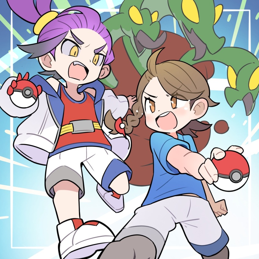 1boy 1girl black_hair blue_shirt braid brown_hair chibi hair_ornament highres holding holding_poke_ball hydrapple jacket juliana_(pokemon) kieran_(pokemon) long_sleeves multicolored_hair nintendo open_clothes open_jacket orange_eyes poke_ball poke_ball_(basic) pokemon pokemon_(creature) pokemon_sv purple_hair red_tank_top rgurei0529 shirt short_sleeves shorts tank_top white_jacket white_shorts yellow_eyes