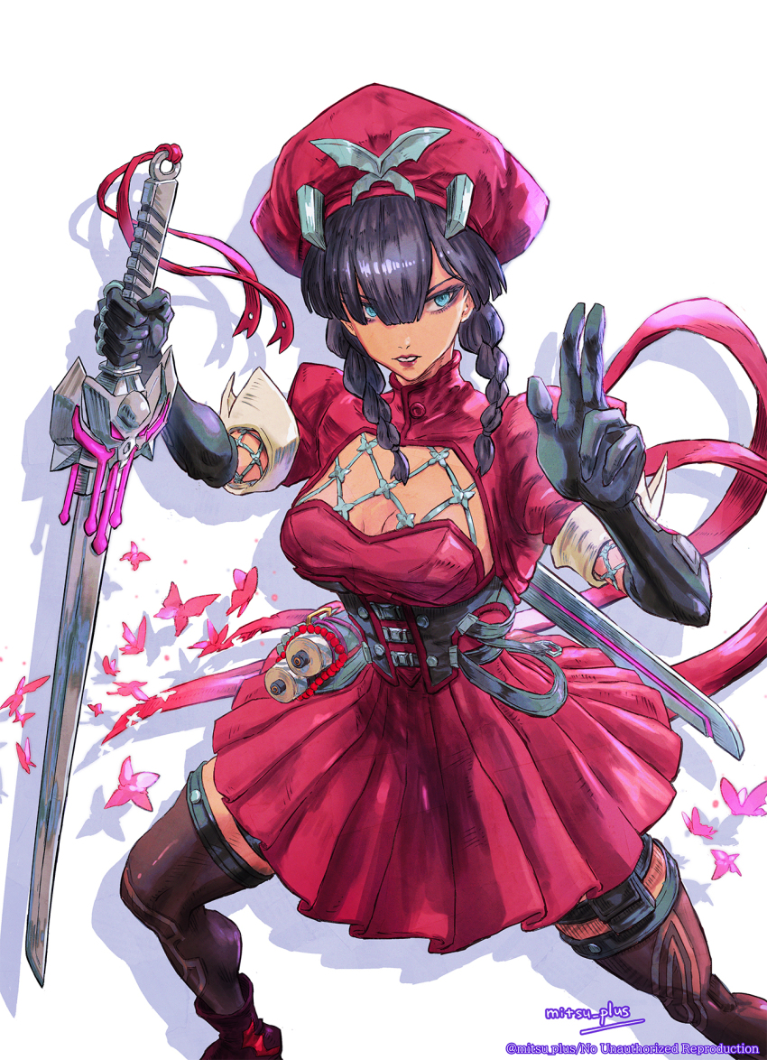 1girl black_gloves black_hair blue_eyes braid breasts bug butterfly dress elbow_gloves gloves hat highres insect large_breasts long_hair looking_at_viewer marvel marvel_rivals mitsu_plus official_alternate_costume psylocke psylocke_(blood_kariudo) red_dress red_hat short_sleeves skirt solo thighhighs twin_braids x-men