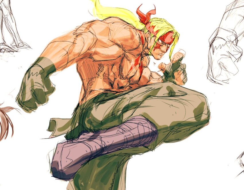 1boy abs alex_(street_fighter) body_markings clenched_hand closed_mouth facial_mark foot_out_of_frame frown green_pants headband leg_up long_hair looking_ahead male_focus muscular muscular_male pants pectorals ponytail red_headband sketch solo street_fighter street_fighter_iii_(series) topless_male white_background zero_setsu