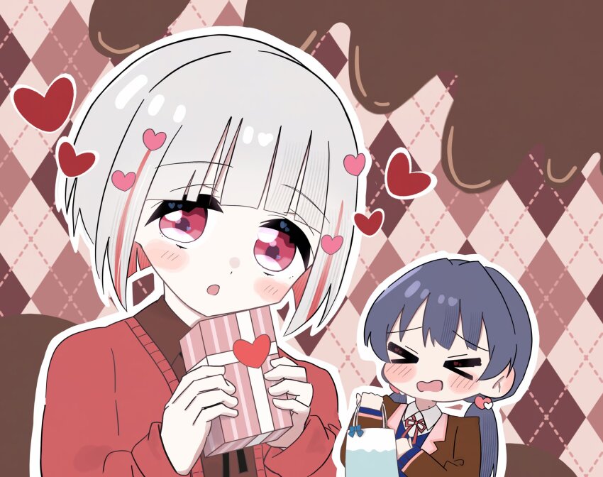 2girls :o argyle_background bag blazer blue_bag blue_hair blue_sweater blush bob_cut brown_jacket brown_shirt collared_shirt colored_inner_hair diagonal_bangs dress_shirt gift grey_hair hair_ornament heart heart_hair_ornament highres holding holding_bag holding_gift inverted_bob jacket link!_like!_love_live! long_hair long_sleeves looking_at_viewer love_live! low_twintails magu_(cv_mgmgcup) mole mole_on_neck multicolored_hair multiple_girls murano_sayaka murano_sayaka_(present) official_alternate_costume open_clothes open_jacket red_eyes red_hair shirt short_hair sleeves_past_wrists star_(symbol) star_hair_ornament streaked_hair sweater twintails upper_body valentine virtual_youtuber white_shirt yugiri_tsuzuri yugiri_tsuzuri_(present)