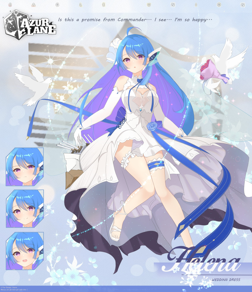 1girl absurdres alternate_costume animal azur_lane bird blue_hair bouquet bridal_veil bride dove dress earrings expression_chart female_focus flower frilled_thigh_strap full_body gloves hair_flower hair_ornament headgear helena_(azur_lane) helena_(retrofit)_(azur_lane) highres huge_filesize jewelry layered_dress long_hair purple_eyes ribbon solo thigh_strap vayneeeee veil wedding_dress white_dress white_gloves