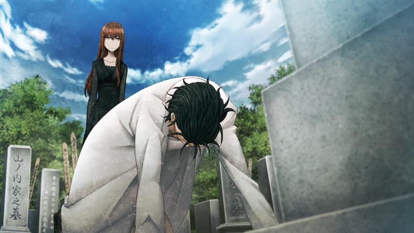 1boy 1girl black_dress black_hair breasts brown_hair brown_pants coat collarbone dress dutch_angle expressionless full_body funeral_dress game_cg graveyard hair_between_eyes hair_over_shoulder highres holding_own_hand huke kneeling lab_coat long_hair long_sleeves makise_kurisu messy_hair non-web_source official_art okabe_rintarou outdoors own_hands_together pain pants prostration purple_eyes ringed_eyes shirt small_breasts square_pupils standing steins;gate steins;gate:_linear_bounded_phenogram t-shirt white_coat white_shirt