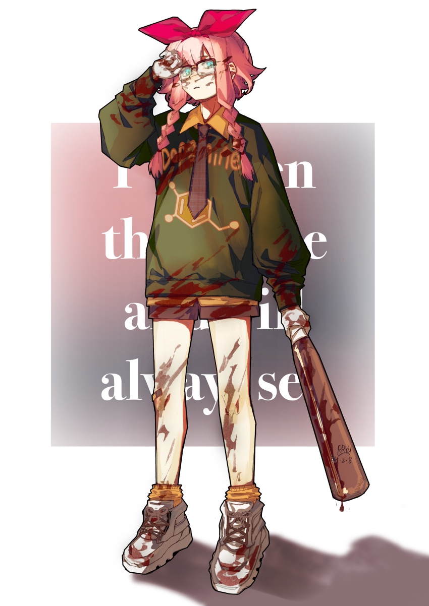 1girl absurdres alternate_costume arknights artist_name bandaid bandaid_on_knee bandaid_on_leg baseball_bat blood blood_on_clothes blood_on_face blood_on_hands blood_on_leg bloody_weapon blue_eyes bow braid chemical_structure dated english_text gloves green_sweater hair_bow highres holding holding_baseball_bat may_(arknights) orange_shirt orange_socks pink_hair rectangular_eyewear red_bow rryy semi-rimless_eyewear shirt shoes short_hair_with_long_locks sneakers socks solo sweater twin_braids weapon white_background white_gloves white_shoes