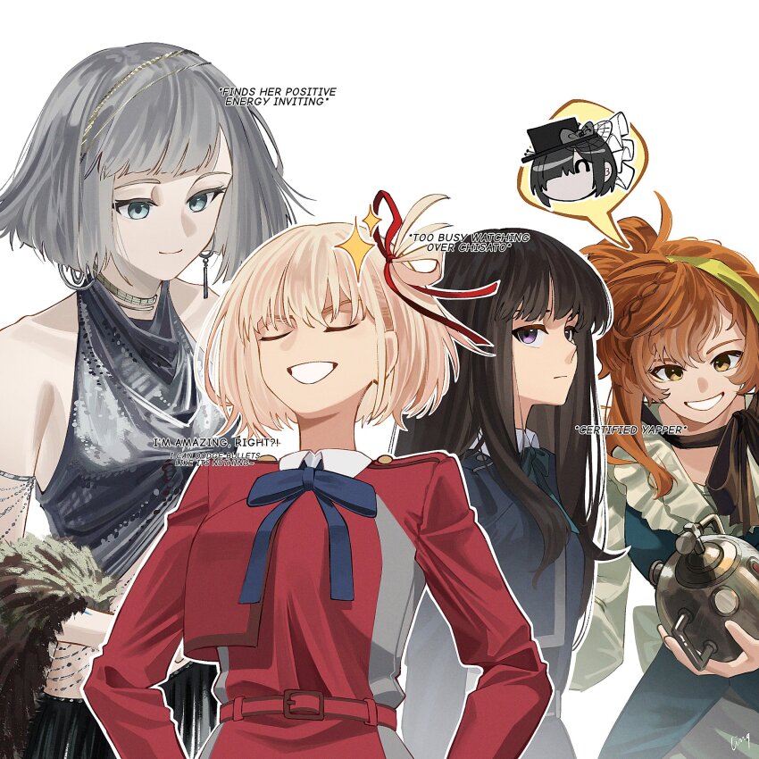4girls :/ anzai_chika aqua_eyes artist_name bare_shoulders belt black_hair black_skirt blonde_hair blue_dress blue_ribbon blue_vest bob_cut chibi chibi_inset closed_eyes crucible dress earrings english_text feather_boa green_ribbon grey_hair grey_tank_top grin hair_ribbon highres holding inoue_takina jewelry ling_(chaaaaanhikari) long_hair long_sleeves looking_at_another lopera_(reverse:1999) lycoris_recoil lycoris_uniform mercuria_(reverse:1999) midriff multiple_girls necrologist nishikigi_chisato orange_eyes orange_hair purple_eyes red_belt red_dress red_ribbon reverse:1999 ribbon shirt short_hair side_ponytail signature skirt smile sparkle speech_bubble spoken_character tank_top upper_body vest voice_actor_connection wakayama_shion white_background white_shirt