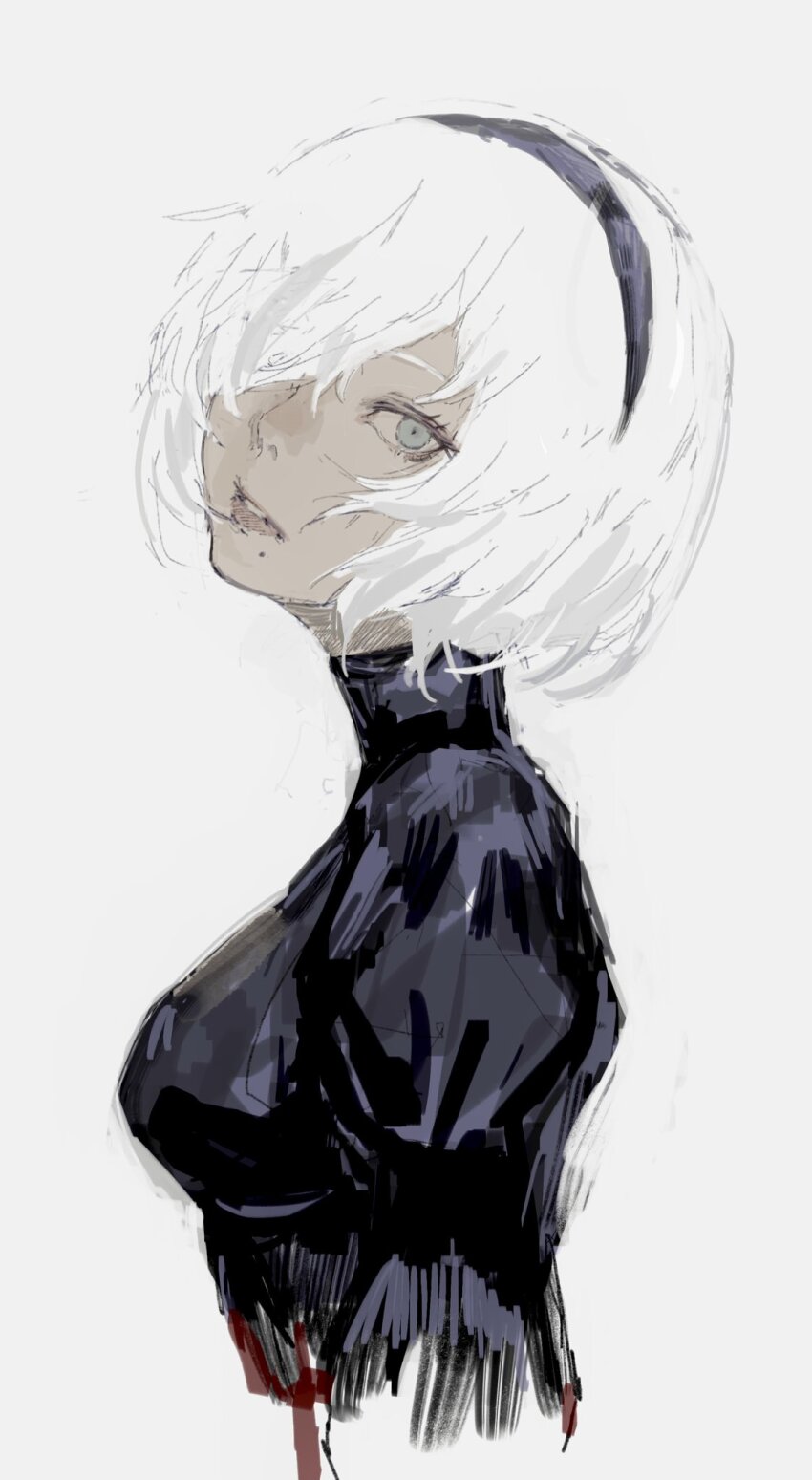 1girl 2b_(nier:automata) black_hairband blood blood_drip grey_eyes hair_over_one_eye hairband highres juliet_sleeves long_sleeves looking_at_viewer nier:automata nier_(series) one_eye_covered parted_lips puffy_sleeves short_hair simple_background solo taki_(a313131333) upper_body white_background white_hair
