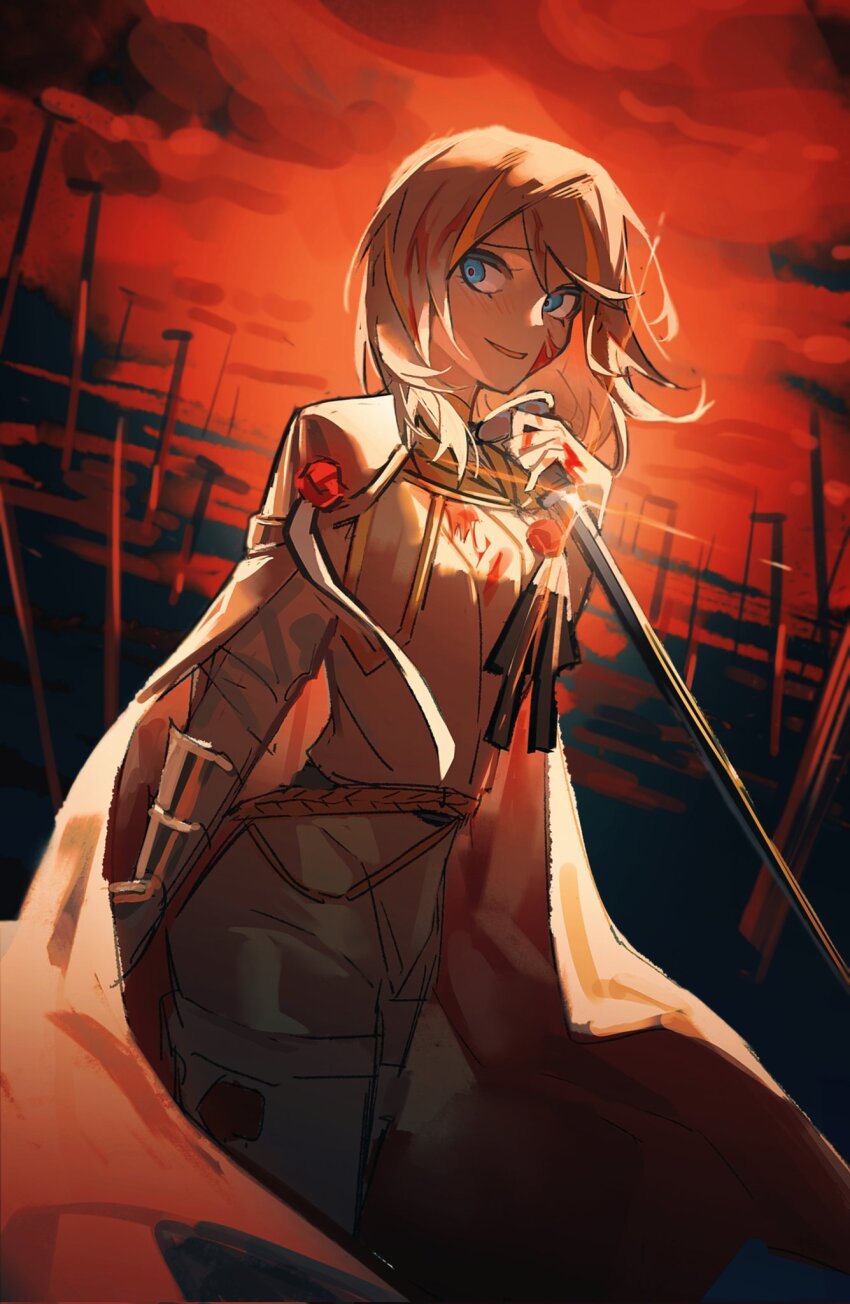 1girl blood blood_in_hair blood_on_clothes blood_on_face blue_eyes cowboy_shot faust_(project_moon) hand_up highres holding holding_nail jing84672940 limbus_company long_sleeves multicolored_hair n_corp._fanatic_(identity)_(project_moon) nail nail_(hardware) open_mouth pants project_moon shirt short_hair smile solo streaked_hair wax_seal white_hair white_pants white_shirt