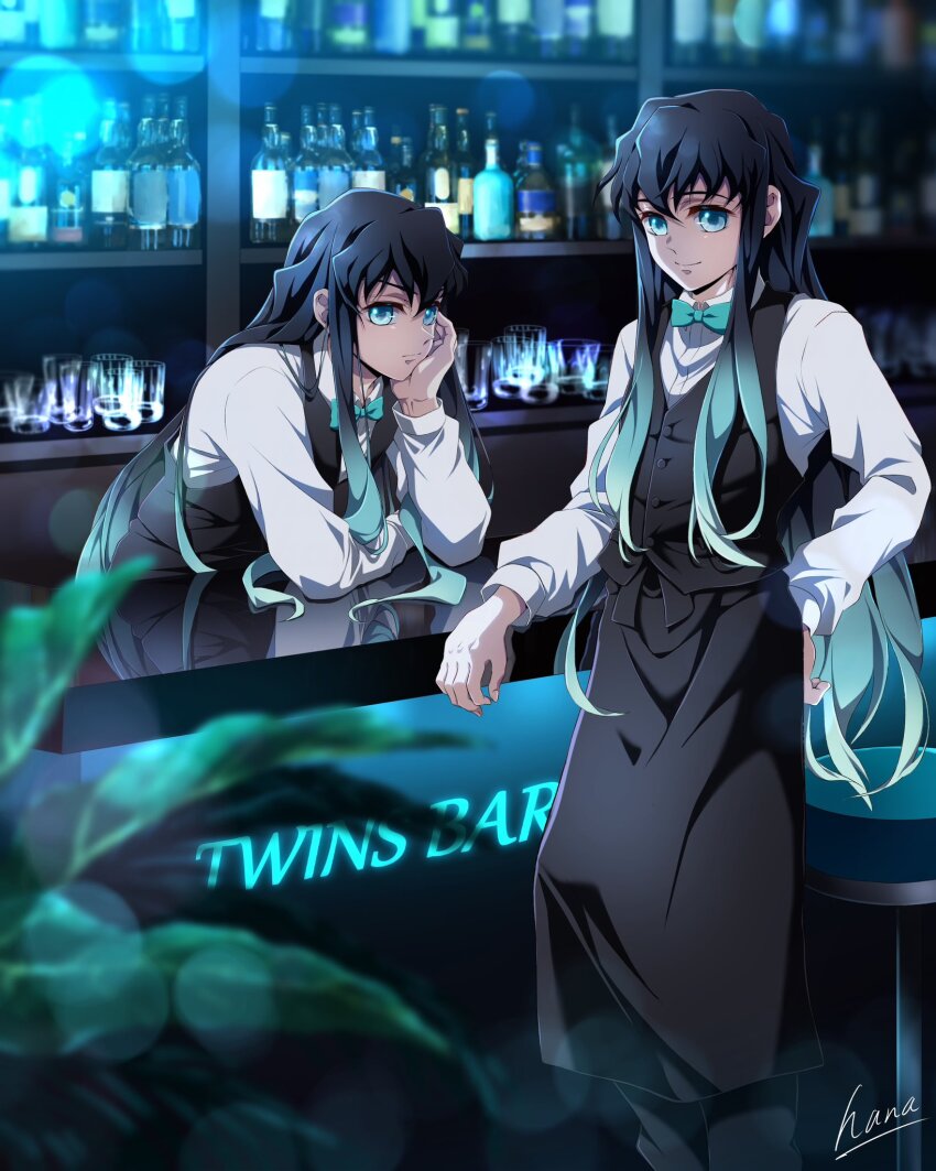 2boys alternate_costume aqua_bow aqua_bowtie aqua_eyes aqua_hair bar_(place) black_hair black_pants black_vest bottle bow bowtie brothers chair closed_mouth glass gradient_hair hair_between_eyes hana_ni_nare highres kimetsu_no_yaiba long_hair long_sleeves male_focus multicolored_hair multiple_boys pants shirt siblings smile tokitou_muichirou tokitou_yuichirou twins two-tone_hair vest white_shirt wine_bottle
