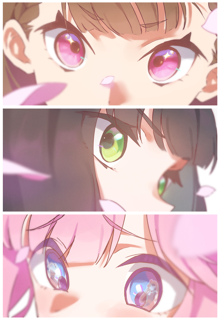 3girls absurdres anyoji_hime black_hair blue_eyes blunt_bangs border braid brown_hair center-flap_bangs column_lineup commentary_request eye_focus eye_reflection falling_petals fujishima_megumi green_eyes hasu_no_shousankaku highres kachimachi_kosuzu link!_like!_love_live! love_live! momose_ginko multiple_girls osawa_rurino petals pink_eyes pink_hair pink_petals raised_inner_eyebrows reflection short_eyebrows side_braids sparkling_eyes sunkeun v-shaped_eyebrows virtual_youtuber white_border
