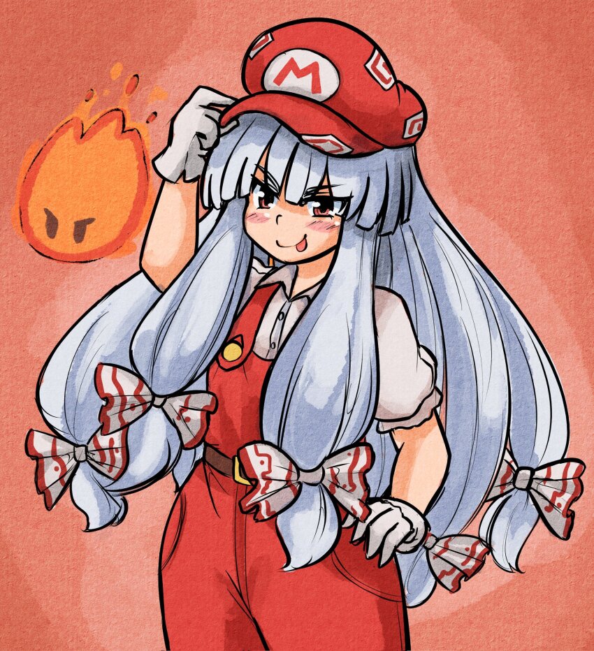 1girl blush bow closed_mouth cosplay fire fire_mario fireball fujiwara_no_mokou gloves hair_bow hat highres long_hair looking_at_viewer mario mario_(cosplay) mario_(series) mcsquiddies newsboy_cap nintendo ofuda ofuda_on_clothes overalls red_eyes red_hat red_overalls shirt simple_background smile solo tongue tongue_out touhou white_gloves white_hair white_shirt