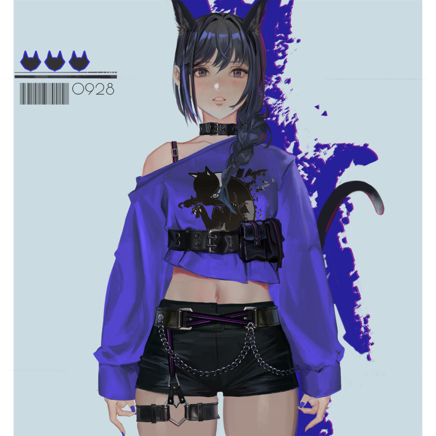1girl animal_ears asymmetrical_clothes belt black_hair braid brown_eyes cat_ears cat_tail collar extra_ears highres long_hair midriff navel off_shoulder original pillarboxed short_shorts shorts solo tail thigh_strap thighs wowmoto2