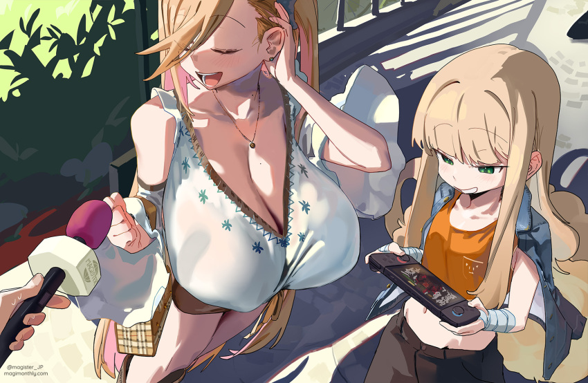 2girls blonde_hair blue_jacket blush breasts closed_eyes green_eyes grin highres huge_breasts jacket jacket_on_shoulders long_hair magister microphone multiple_girls nintendo_switch_2 open_mouth orange_shirt original pandora_smith_(magister) shiratama_liliana_(magister) shirt sleeveless sleeveless_shirt small_breasts smile subtitled textless_version translation_request tv_show white_shirt