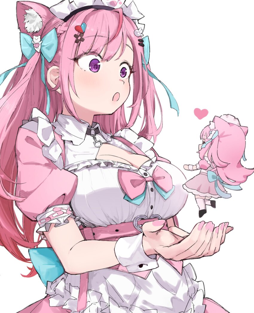 1girl animal_ears bandaid bandaid_hair_ornament cat_ears collar dress hair_ornament hair_ribbon hairclip heart heart_hair_ornament highres hitsujisnow indie_virtual_youtuber long_hair maid maid_headdress mini_person minigirl nail_polish open_mouth pink_dress pink_eyes pink_hair ribbon virtual_youtuber yuuki_sakuna yuuki_sakuna_(1st_costume)