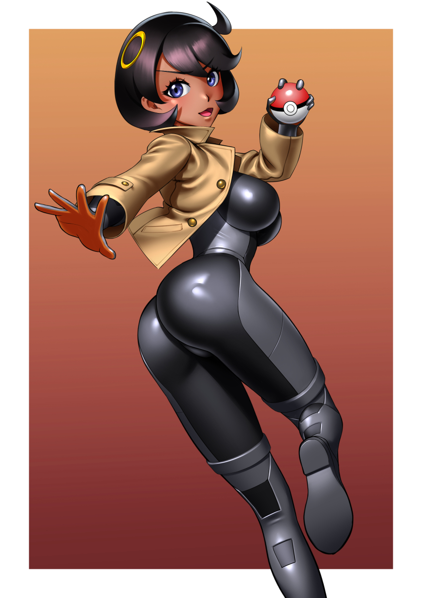 1girl :3 :d absurdres aged_up arm_up ass black_bodysuit black_boots black_gloves black_hair blue_eyes bodysuit bodysuit_under_clothes boots border breasts brown_jacket commentary cowlick dark-skinned_female dark_skin emma_(pokemon) gloves hair_between_eyes hair_ornament highres holding holding_poke_ball jacket knee_boots latex latex_bodysuit long_sleeves looking_at_viewer medium_breasts nintendo open_clothes open_jacket open_mouth orange_background orange_gloves poke_ball poke_ball_(basic) pokemon pokemon_legends:_z-a short_hair sidelocks skin_tight smile solo standing standing_on_one_leg swept_bangs two-tone_gloves white_border yossan_illust