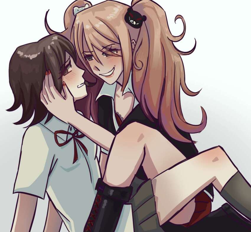 2girls bear_hair_ornament black_boots black_bra black_hair black_shirt black_skirt black_socks blonde_hair blush boots bow bra calf_boots calf_socks caressing_hair danganronpa:_trigger_happy_havoc danganronpa_(series) enoshima_junko female_focus fingernails frenzykek grey_eyes grimace grin hair_ornament highres ikusaba_mukuro incest long_hair looking_at_another looking_at_viewer looking_to_the_side multicolored_bra multiple_girls nail_polish neck_ribbon open_mouth pleated_skirt red_bow red_bra red_nails red_ribbon red_skirt ribbon shirt siblings simple_background sisters skirt smile socks teeth twincest twins twintails underwear white_background white_shirt yuri