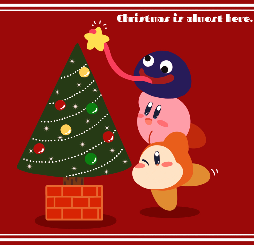 absurdres arm_up bauble black_eyes blue_eyes blush blush_stickers christmas christmas_ornaments christmas_tree english_text full_body gooey_(kirby) happy highres kirby kirby_(series) leg_up long_tongue miwa_(ahyuck) motion_lines nintendo no_humans no_mouth notice_lines one_eye_closed open_mouth red_background simple_background slime_(creature) smile solid_oval_eyes standing standing_on_one_leg star_(symbol) tongue tongue_hold tongue_out waddle_dee wall-eyed wince