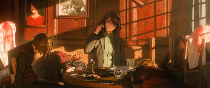 1girl absurdres artist_name bed_sheet black_jacket black_shirt blood blood_on_face blood_on_wall blue_eyes broken_glass brown_hair bullet_hole chair closed_mouth commentary corpse day english_commentary faiz_azhar glass green_shirt gun hand_up handgun highres indoors jacket long_sleeves original painting_(object) red_vest revolver shirt short_hair sitting solo suit_jacket table vest weapon wing_collar