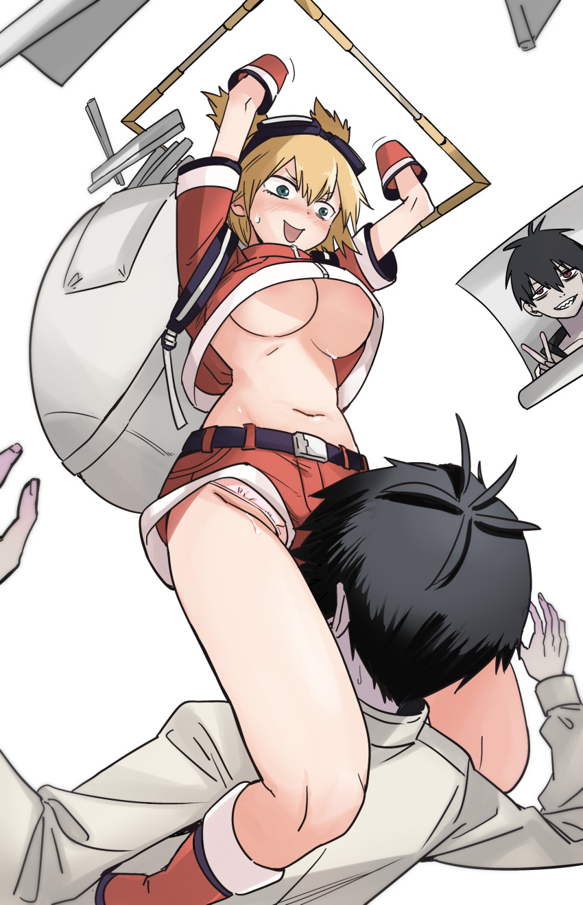 1boy 1girl absurdres backpack bag bell_hydra black_hair blonde_hair blood_lad blue_eyes blush boots breasts commentary_request cropped_shirt evolvetypes highres large_breasts long_hair long_sleeves looking_at_another open_mouth pachira panties pantyshot photo_(object) pink_panties portal_(object) red_bag red_boots red_shirt red_shorts shirt short_hair short_sleeves short_twintails shorts sweat twintails underboob underwear white_background white_shirt