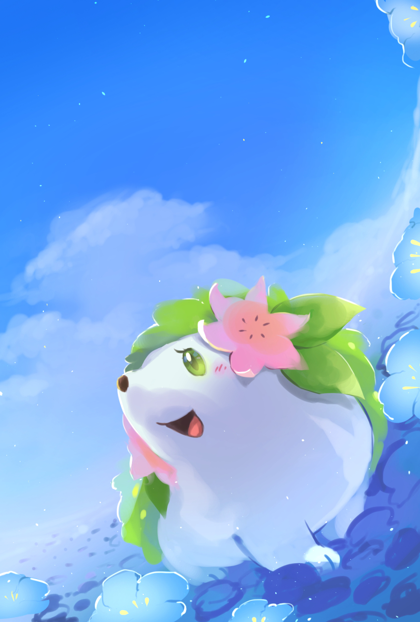 blue_flower blush commentary_request day flower gen_4_pokemon green_eyes highres legendary_pokemon mythical_pokemon nintendo no_humans open_mouth outdoors pink_flower pokemon pokemon_(creature) shaymin shaymin_(land) smile toneko