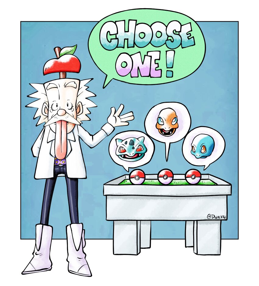 1boy absurdres blue_background boots bulbasaur charmander commentary dr._vegapunk dwalkn facial_hair gen_1_pokemon highres lab_coat looking_at_viewer mustache nintendo old old_man one_piece poke_ball pokemon pokemon_(creature) speech_bubble squirtle tongue tongue_out twitter_username white_boots white_hair