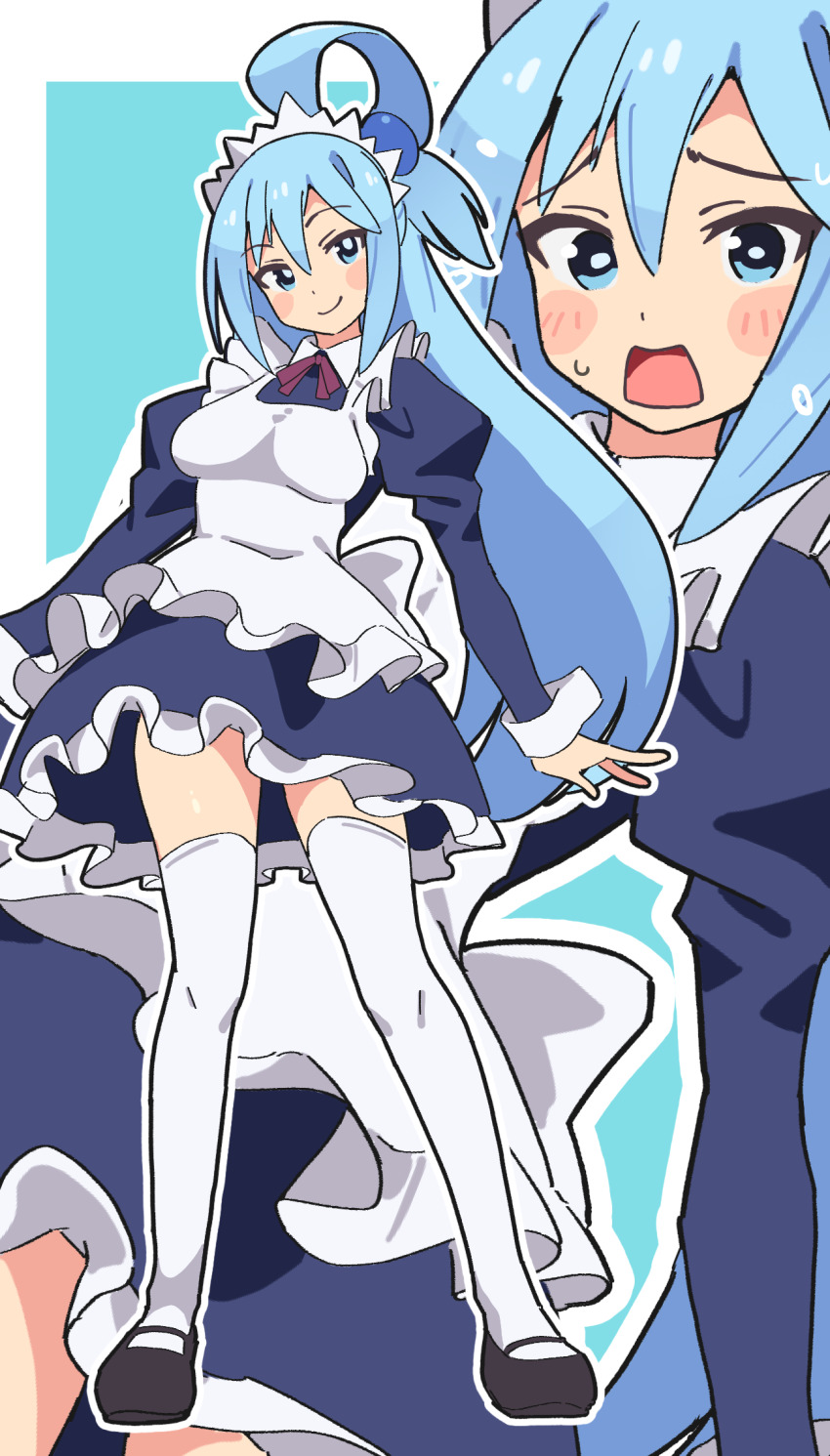 1girl aqua_(konosuba) blue_eyes blue_hair blush closed_mouth highres kono_subarashii_sekai_ni_shukufuku_wo! looking_at_viewer maid noyama_takenoko skirt smile solo thighhighs