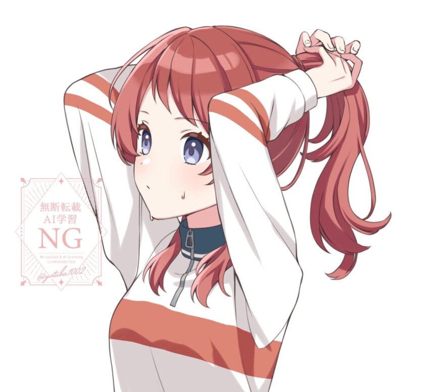 1girl alternate_hairstyle blush closed_mouth commentary gakuen_idolmaster hanami_saki idolmaster jacket long_hair long_sleeves ponytail purple_eyes red_hair simple_background solo sweat tying_hair upper_body watermark white_background white_jacket yukina_yotsuba zipper