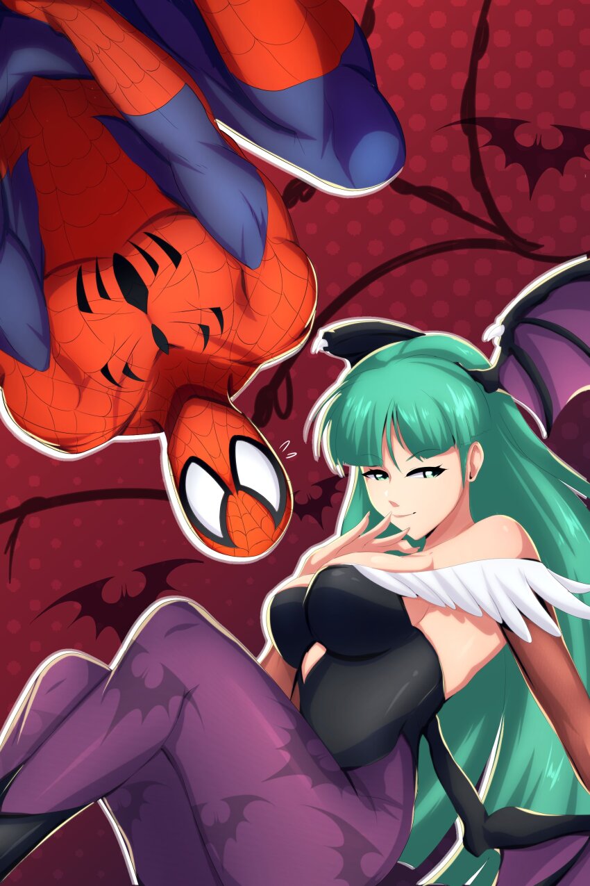 1boy 1girl absurdres animal_print axasempai bare_shoulders bat_print black_leotard blue_bodysuit bodysuit breasts clothing_cutout commentary crossover cutout_above_navel darkstalkers demon_girl demon_wings english_commentary fur-trimmed_leotard fur_trim green_eyes green_hair head_wings heart_cutout highleg highleg_leotard highres large_breasts leotard looking_at_viewer marvel marvel_vs._capcom marvel_vs._capcom_2 morrigan_aensland multicolored_bodysuit pantyhose print_pantyhose purple_pantyhose red_background red_bodysuit spider-man spider-man_(series) upside-down wings