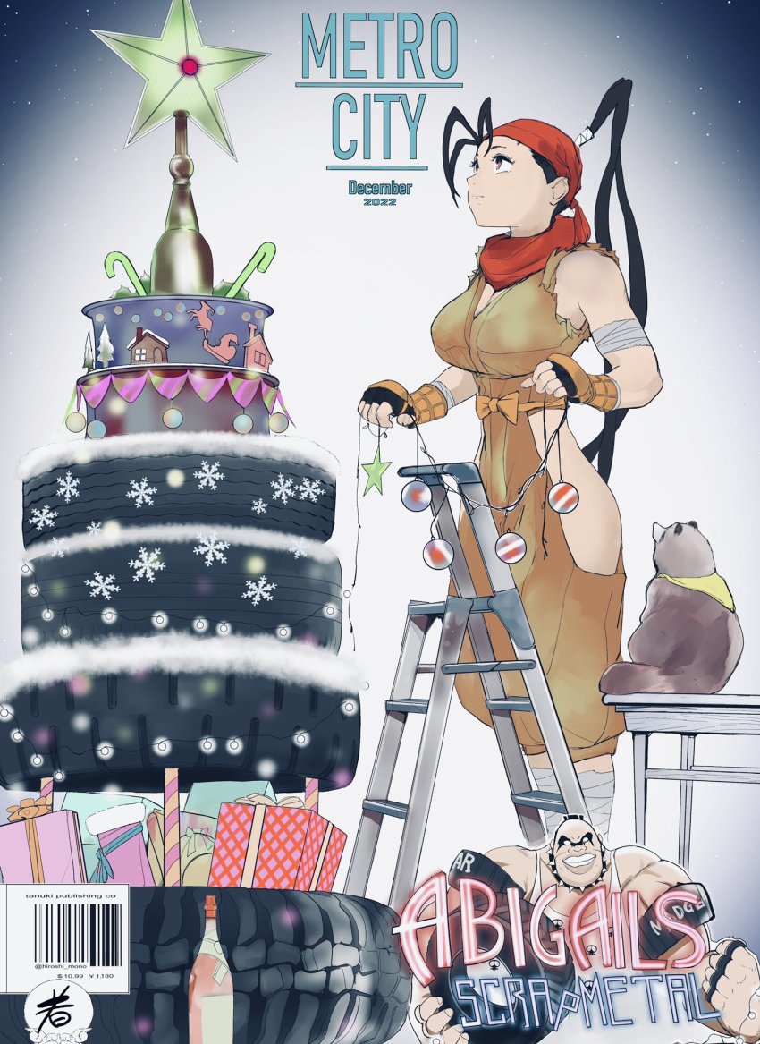 1boy 1girl abigail_(final_fight) black_hair breasts christmas_tree don_(street_fighter) fingerless_gloves gloves highres hip_vent hiroshi_mono ibuki_(street_fighter) ladder medium_breasts metro_city muscular ninja ponytail street_fighter street_fighter_v tanuki weapon