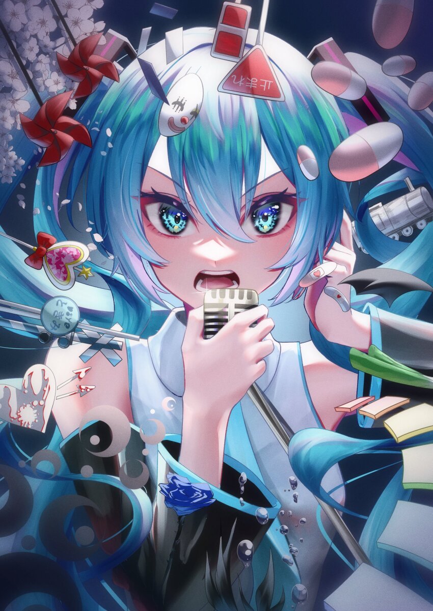 1girl absurdres alkali_rettousei_(vocaloid) aqua_eyes aqua_hair aqua_necktie bandaid bat_wings bubble commentary detached_sleeves film_grain flower grey_shirt hair_between_eyes hatsune_miku heart highres holding holding_microphone kagerou_days_(vocaloid) karakuri_pierrot_(vocaloid) kitsutsuki_tsuki locomotive long_hair looking_at_viewer melt_(vocaloid) microphone necktie open_mouth paranoia_(vocaloid) pill railroad_signal road_sign rolling_girl_(vocaloid) senbonzakura_(vocaloid) shinkai_shoujo_(vocaloid) shirt shoujo_rei_(vocaloid) sign sleeveless sleeveless_shirt slow_motion_(vocaloid) solo song_request songover spring_onion staff twintails upper_body v-shaped_eyebrows vampire_(vocaloid) very_long_hair vocaloid wings