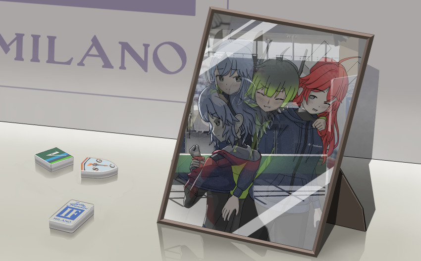 3girls ^_^ absurdres ahoge arm_around_shoulder blue_eyes blue_hair blue_hoodie closed_eyes commentary_request drawstring glickenhaus_scg_007 gloves green_hair grey_gloves hair_behind_ear highres holding_own_arm hood hood_down hoodie isotta_fraschini_tipo_6_lmh-c kichi_ki-tachi long_hair multiple_girls personification photo_(object) red_hair reflection sad shadow short_hair vanwall_vandervell_680 world_endurance_championship