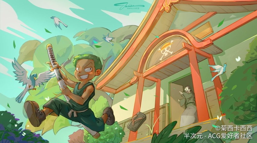 2021 2boys absurdres artist_name bcy bird black_hair chinese_text full_body glasses green_hair highres holding holding_sword holding_weapon japanese_clothes jolly_roger juxika_xixi katana koushirou_(one_piece) long_hair low_ponytail multiple_boys one_piece ponytail roronoa_zoro short_hair smile straw_hats_jolly_roger sword weapon