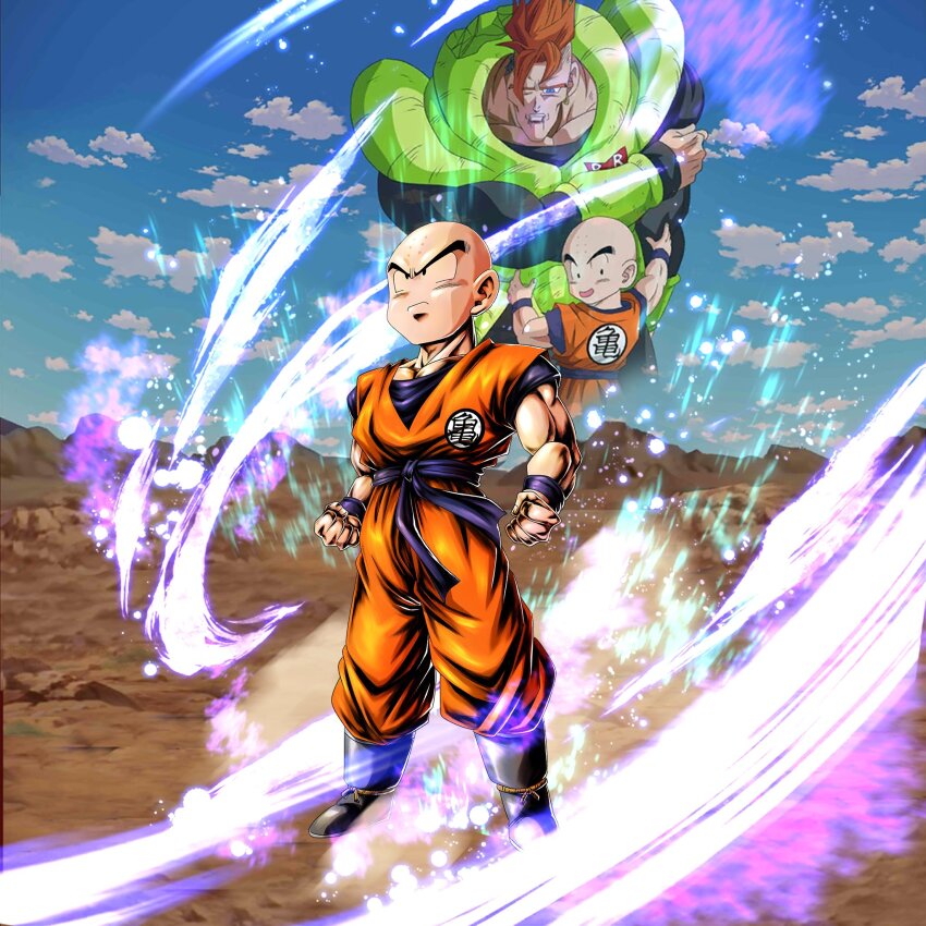 2boys android_16 bald bald_male black_eyes dragon_ball happy helping highres kuririn multiple_boys muscular muscular_male official_art orange_hair serious smile