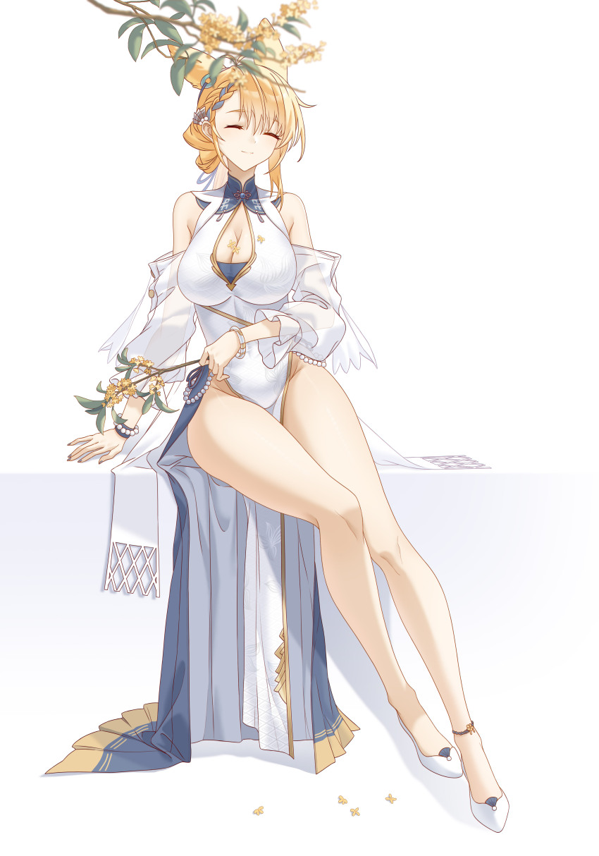 1girl absurdres animal_ears anklet arknights bare_legs bare_shoulders blonde_hair bracelet braid branch breasts china_dress chinese_clothes cleavage cleavage_cutout closed_eyes closed_mouth clothing_cutout detached_sleeves dress facing_viewer full_body highres holding impossible_clothes impossible_dress innoarukugyou jewelry kroos_(arknights) kroos_the_keen_glint_(along_the_corridor)_(arknights) kroos_the_keen_glint_(arknights) large_breasts long_hair long_sleeves official_alternate_hairstyle pelvic_curtain rabbit_ears see-through_clothes see-through_sleeves shoes simple_background smile solo white_background white_dress white_shoes