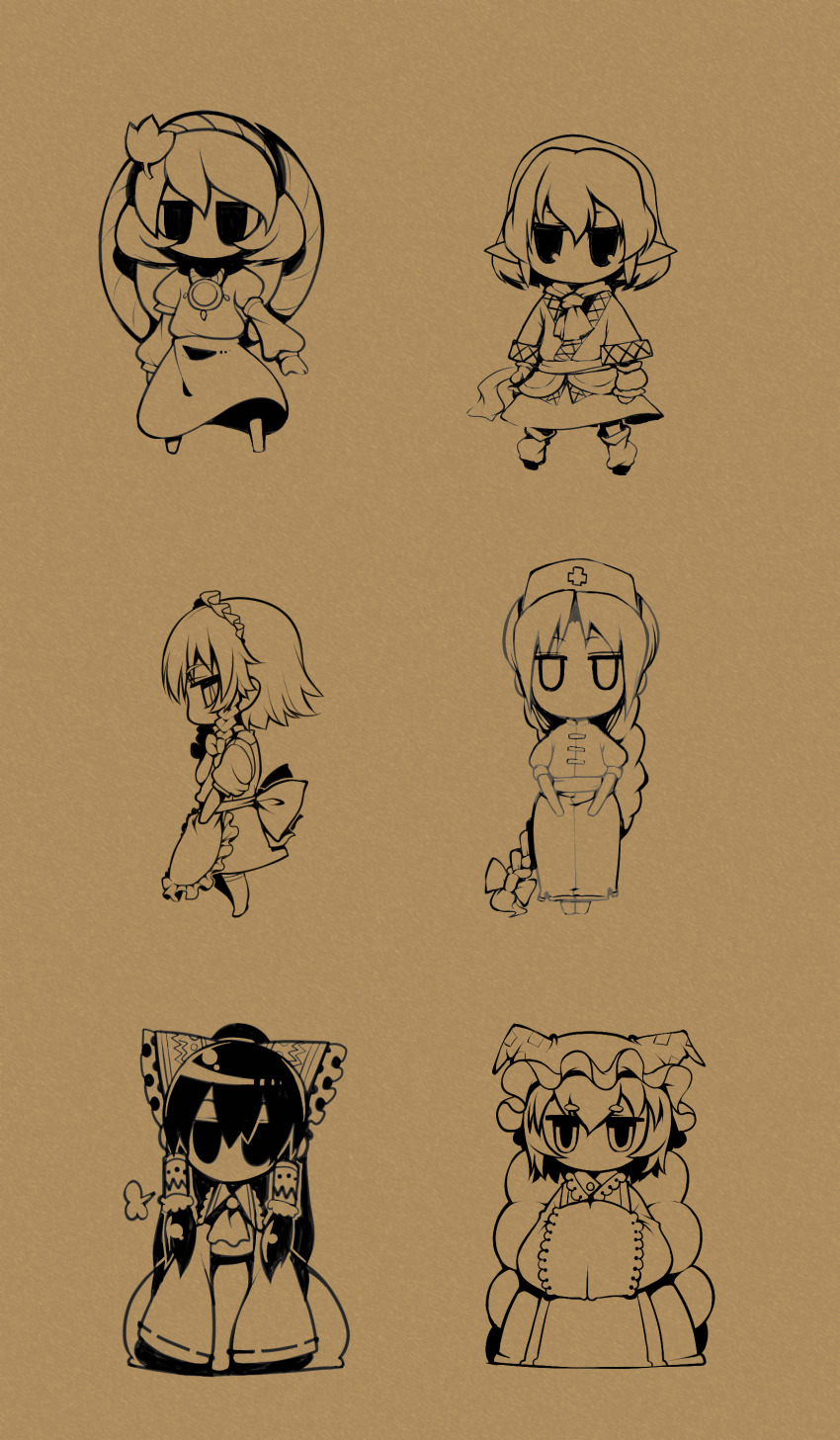 6+girls absurdres asakawa_remon bow braid brown_theme chibi chibi_only cross dress fox_girl fox_tail frilled_bow frilled_hair_tubes frills full_body hair_bow hair_ornament hair_tubes hakurei_reimu hands_in_opposite_sleeves hat highres izayoi_sakuya leaf_hair_ornament long_hair looking_at_viewer maid maid_headdress mizuhashi_parsee monochrome multiple_girls multiple_tails no_mouth nurse_cap pointy_ears scarf shirt short_hair simple_background single_braid sitting skirt standing tail touhou very_long_hair yagokoro_eirin yakumo_ran yasaka_kanako