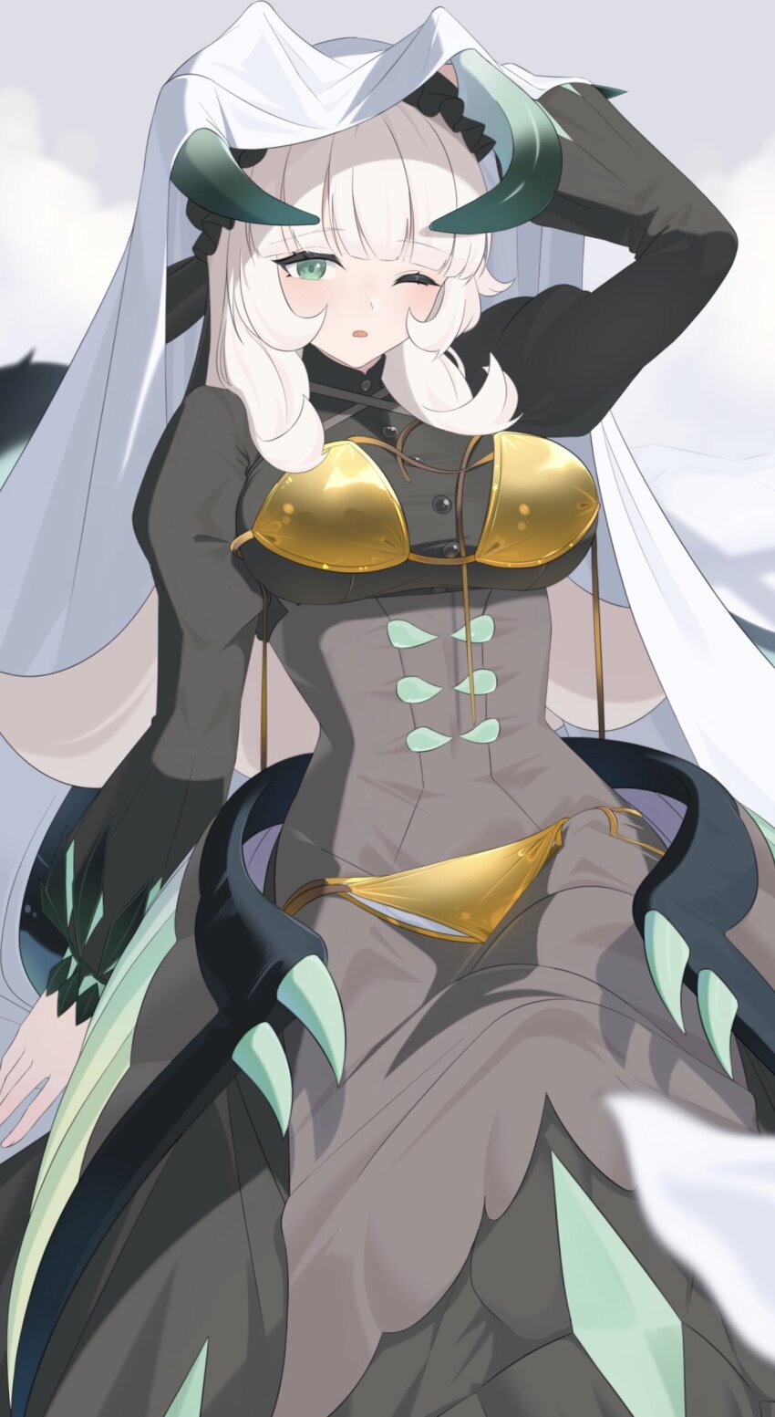 1girl bad_id bad_twitter_id bikini black_dress black_wings blanket blonde_hair blush breasts chamber_dragonmaid cowboy_shot dragon_girl dragon_horns dragon_tail dragon_wings dress duel_monster gold_bikini green_eyes green_hoodie heichi highres hood hoodie horns large_breasts low_wings maid maid_headdress one_eye_closed solo swimsuit tail wings yu-gi-oh!