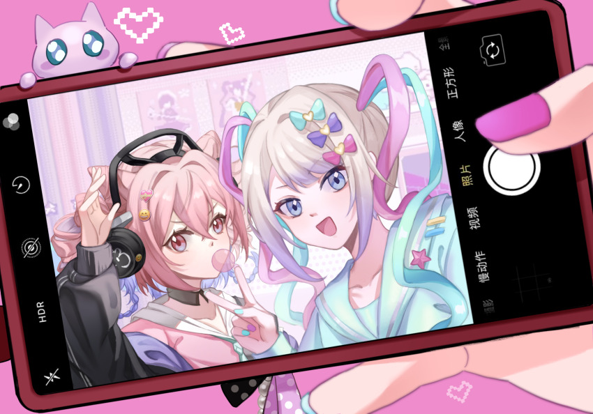 2girls :d ame-chan_(needy_girl_overdose) arknights blue_eyes blue_hair blue_nails blue_shirt bow bubble cat chewing_gum chinese_text chouzetsusaikawa_tenshi-chan deardraco detached_collar emoji gradient_hair hair_bow hair_horns headphones heart heart_emoji highres holding holding_phone jacket japanese_text looking_at_viewer multicolored_hair multiple_girls multiple_hair_bows nail_polish needy_girl_overdose off-shoulder_jacket off_shoulder open_clothes open_jacket open_mouth phone pink_eyes pink_shirt pixel_heart pov purple_hair purple_jacket purple_nails selfie shirt smile smile_emoji star_(symbol) star_ornament u-official_(arknights) v viewfinder