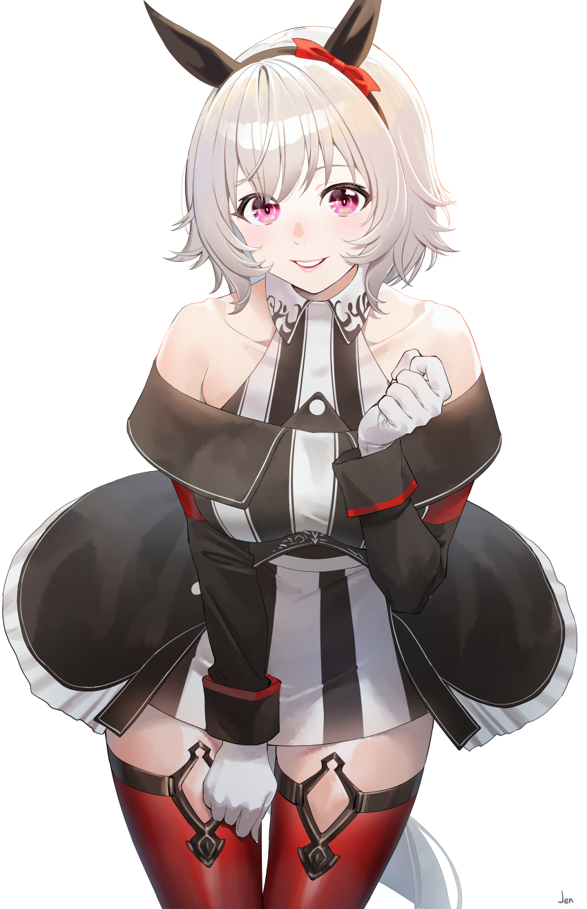 1girl absurdres animal_ears arjent bare_shoulders black_dress blush bow breasts commentary curren_chan_(umamusume) dress ear_covers gloves grey_hair hairband highres horse_ears horse_girl horse_tail long_sleeves looking_at_viewer off-shoulder_dress off_shoulder purple_eyes red_legwear short_hair simple_background smile solo symbol-only_commentary tail umamusume white_background white_gloves