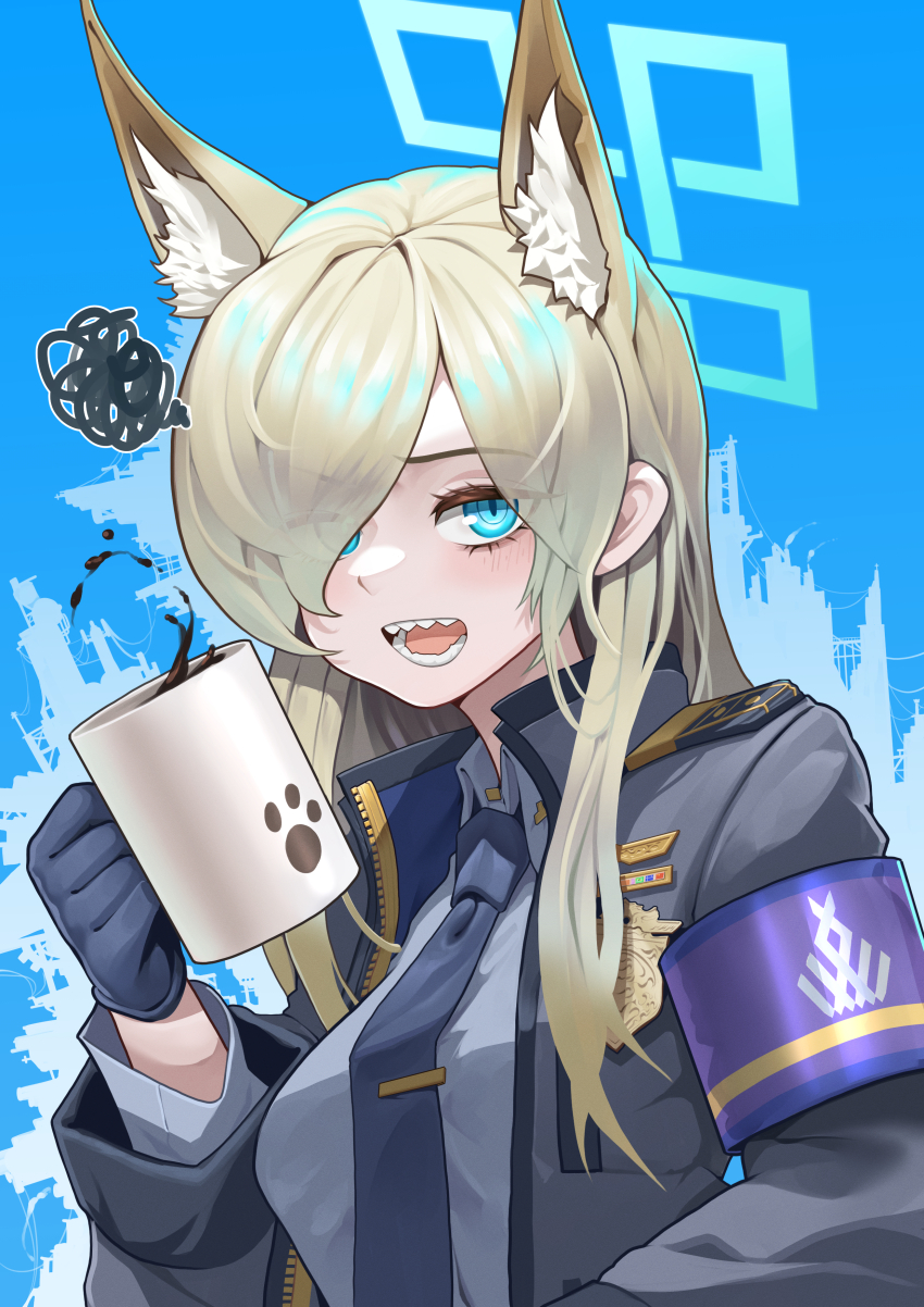 1girl absurdres animal_ears armband black_jacket blonde_hair blue_archive blue_background blue_eyes blue_gloves blue_halo blue_necktie blue_shirt breasts coffee_mug collared_shirt cup dog_ears dog_girl gloves hair_over_one_eye halo highres holding holding_cup jacket jeongdang_geolae kanna_(blue_archive) large_breasts long_hair looking_at_viewer mug necktie open_clothes open_jacket open_mouth paw_print police police_badge police_uniform policewoman sharp_teeth shirt shoulder_boards smile solo squiggle teeth tie_clip upper_body