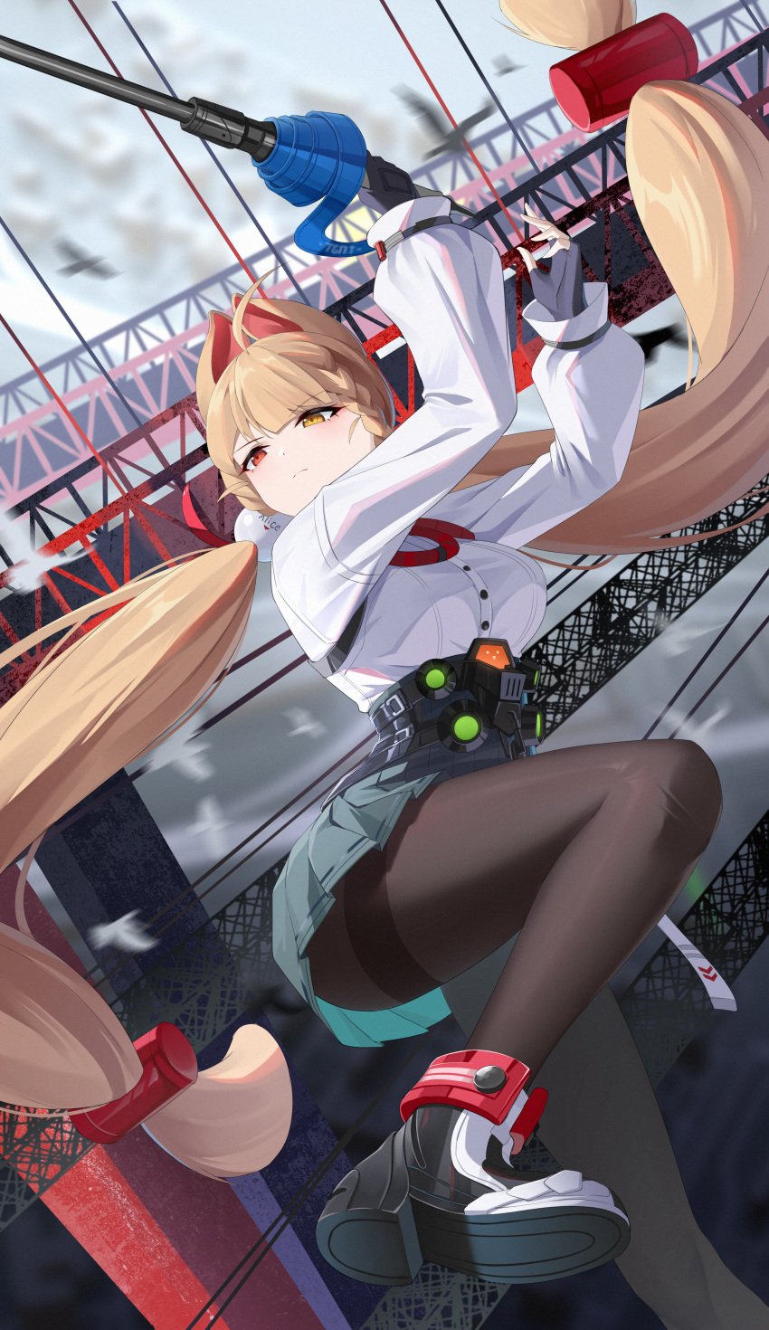 1girl absurdres alice_thymefield animal_ears bird black_gloves black_pantyhose blonde_hair blue_skirt breasts bridge chinese_commentary closed_mouth collared_shirt commentary_request day fingerless_gloves full_body gloves grey_sky hair_ornament hands_up heterochromia highres holding holding_sword holding_weapon kafeifeifeifeifeifei_jiemo_jun light_frown long_hair long_sleeves medium_breasts motion_blur outdoors pantyhose pom_pom_(clothes) pom_pom_hair_ornament rapier red_eyes shirt shoes shorts skirt sky sneakers solo sword twintails very_long_hair weapon white_background white_shirt yellow_eyes zenless_zone_zero