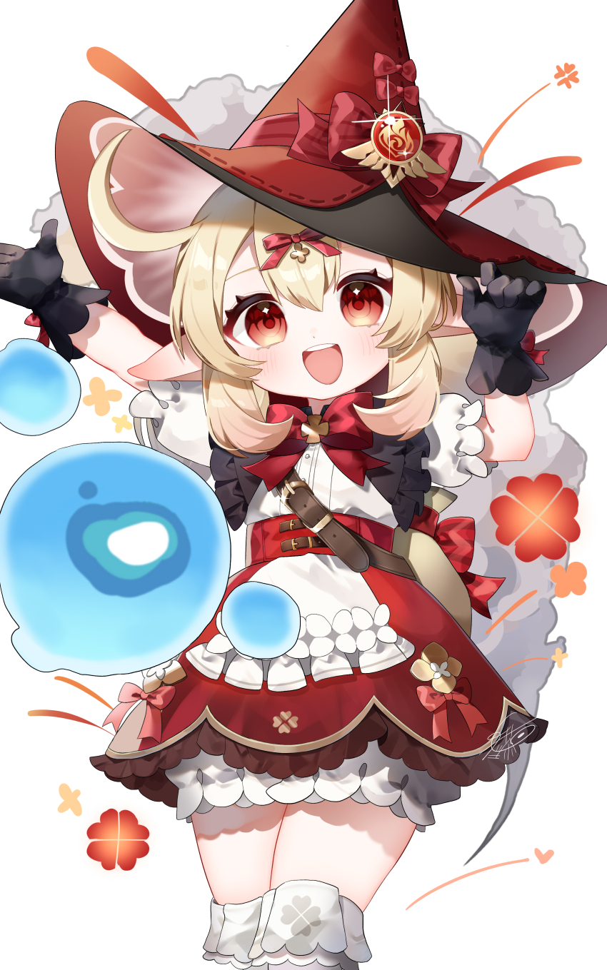1girl :d absurdres ahoge apron black_gloves blonde_hair bow bowtie commentary_request cowboy_shot genshin_impact gloves hair_between_eyes hair_ribbon hands_up hat hat_bow high-waist_skirt highres huge_ahoge hydro_eidolon_(genshin_impact) klee_(blossoming_starlight)_(genshin_impact) klee_(genshin_impact) light_blush looking_at_viewer meda_cha official_alternate_costume open_mouth pointy_ears puffy_short_sleeves puffy_sleeves red_bow red_bowtie red_eyes red_hat red_skirt ribbon short_hair_with_long_locks short_sleeves signature simple_background skirt smile solo teeth tilted_headwear upper_teeth_only vision_(genshin_impact) waist_apron white_apron white_background witch_hat