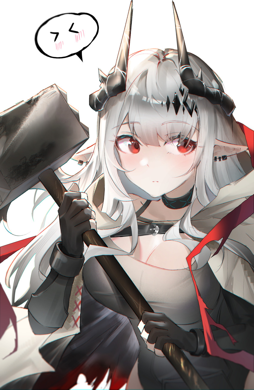 1girl absurdres arknights black_gloves black_horns breasts cape closed_mouth ear_piercing eyes_visible_through_hair fingerless_gloves gloves grey_hair hair_between_eyes hammer highres holding holding_hammer holding_weapon hood hood_down hooded_cape horns infection_monitor_(arknights) large_breasts long_hair looking_to_the_side mokky_(pixiv_46672406) mudrock_(arknights) mudrock_(rubble)_(arknights) official_alternate_costume piercing pointy_ears red_eyes simple_background sledgehammer solo spoken_blush torn_cape torn_clothes two-sided_cape two-sided_fabric upper_body weapon white_background white_cape