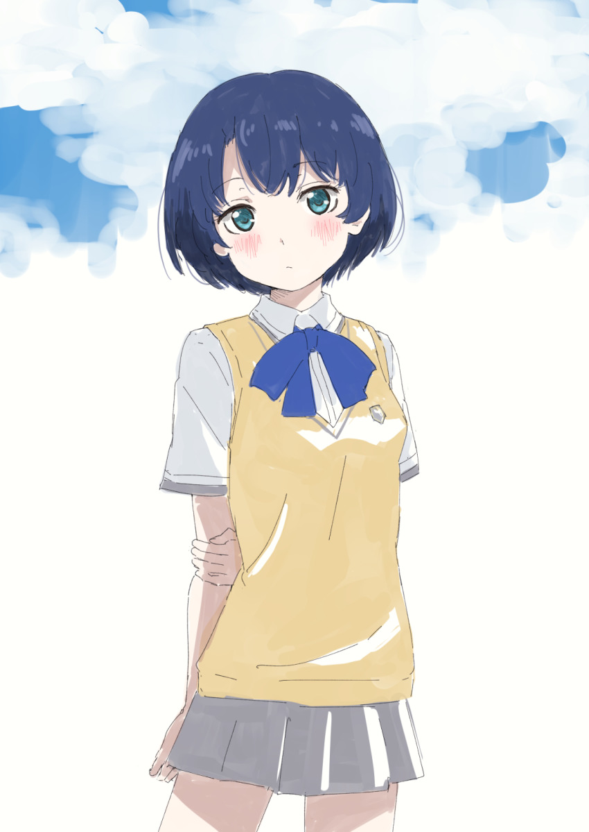 1girl ano_natsu_de_matteru arms_behind_back blue_bow blue_bowtie blue_eyes blue_hair blush bow bowtie closed_mouth collared_shirt cowboy_shot grey_skirt head_tilt highres looking_at_viewer miniskirt pleated_skirt shirt short_hair short_sleeves sincos skirt solo standing tanigawa_kanna vest white_shirt wing_collar yellow_vest