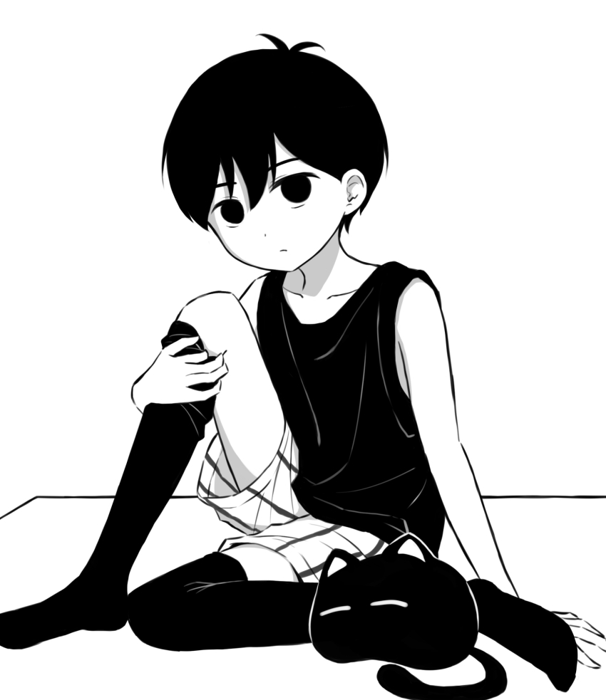 1boy black_eyes black_hair black_tank_top cat closed_mouth collarbone colored_skin expressionless highres knee_up male_focus mewo omori omori_(omori) segue5o shorts simple_background sitting solo striped_clothes striped_shorts tank_top thighhighs vertical-striped_clothes vertical-striped_shorts white_background white_shorts white_skin