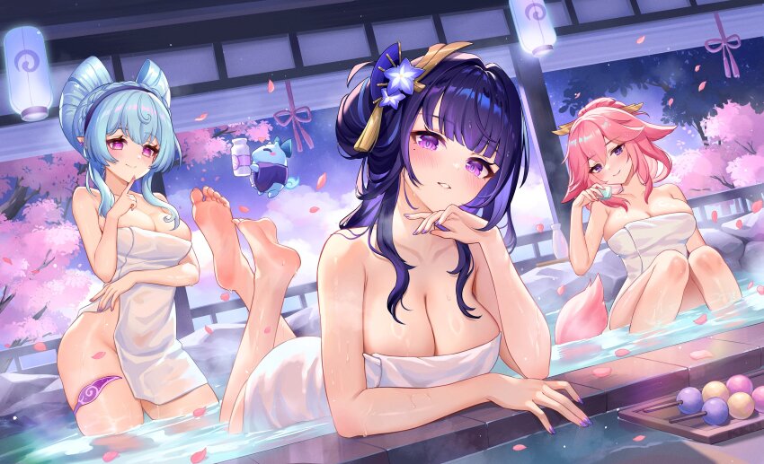 3girls absurdres alternate_breast_size animal_ears bathing blue_hair breasts cleavage closed_mouth fox_ears genshin_impact hair_between_eyes highres lalazyt large_breasts long_hair looking_at_viewer multiple_girls naked_towel onsen pink_hair pointy_ears purple_eyes raiden_shogun smile towel yae_miko yumemizuki_mizuki