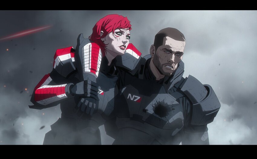 1boy 1girl aleksandra_skiba alternate_universe arm_around_shoulder armor beard brown_hair carrying clenched_teeth commander_shepard commander_shepard_(female) commander_shepard_(male) commentary english_commentary facial_hair green_eyes hand_on_another&#039;s_wrist highres hole_in_chest hole_on_body injury letterboxed mass_effect_(series) mass_effect_3 parted_lips red_hair short_hair smoke teeth upper_body very_short_hair