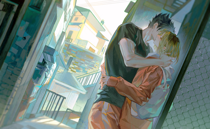2boys bag black_hair black_shirt blonde_hair dutch_angle haikyuu!! highres hug jacket kozume_kenma kuroo_tetsurou long_sleeves looking_at_another male_focus multicolored_hair multiple_boys orange_pants outdoors pants shirt short_hair short_sleeves standing t-shirt two-tone_hair yaoi yinzinmiemie
