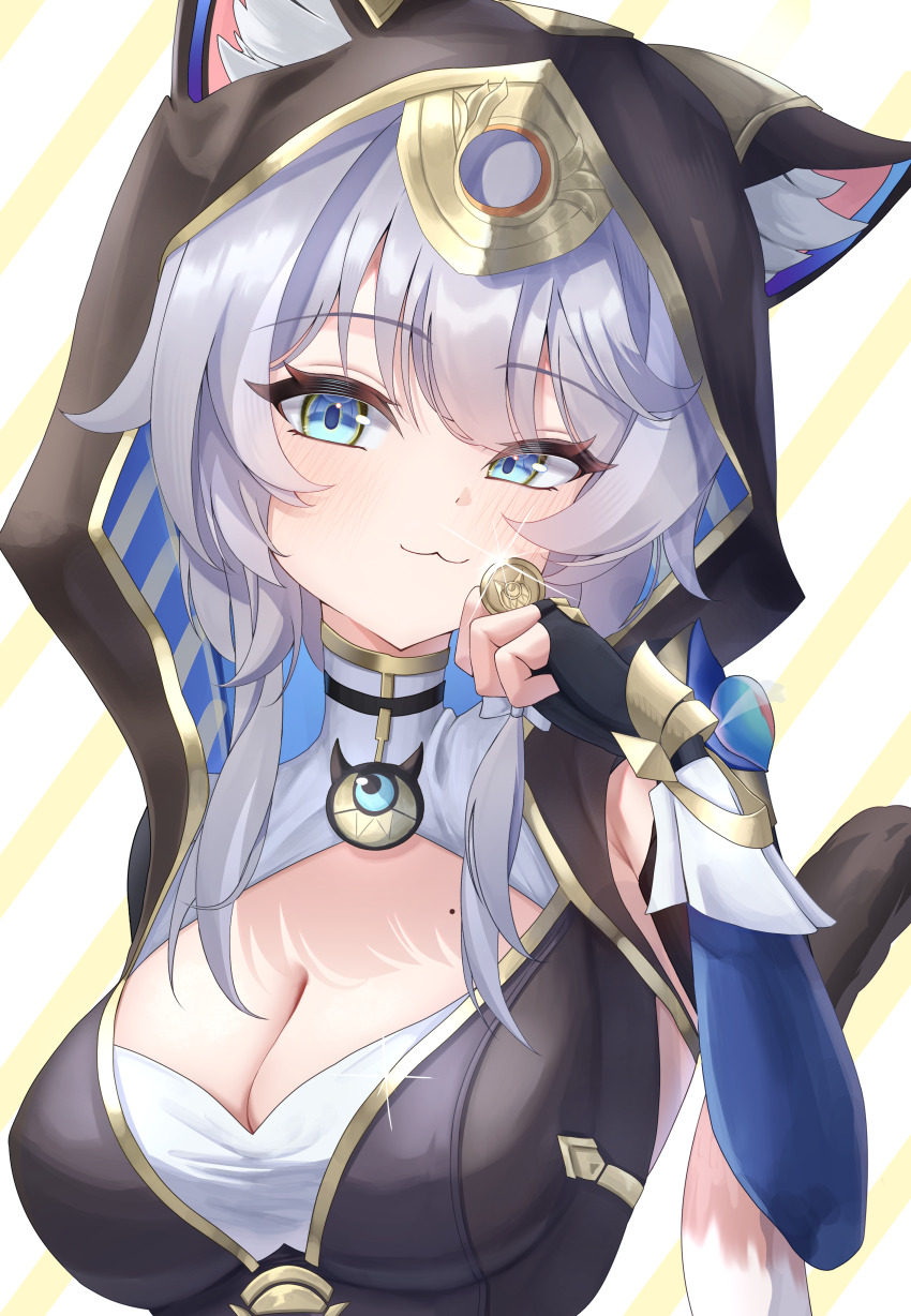 1girl :3 absurdres animal_ears animal_hood armpit_crease armpit_cutout between_fingers black_gloves blue_eyes breasts cat_ears cat_hood cat_tail cipher_(honkai:_star_rail) cleavage cleavage_cutout closed_mouth clothing_cutout coin fingerless_gloves glint gloves gold_trim hand_up highres holding honkai:_star_rail honkai_(series) hood large_breasts long_hair looking_at_viewer mole mole_on_breast rua_(rua0007113) shirt smile solo tail turtleneck uneven_eyes upper_body white_hair white_shirt