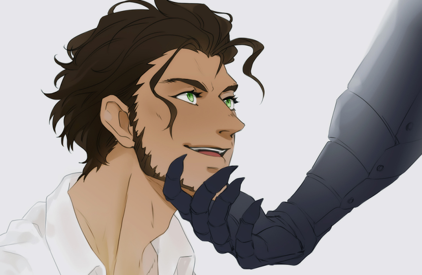 2boys adam&#039;s_apple armored_gloves brown_hair claude_von_riegan claude_von_riegan_(timeskip) collared_shirt commentary couple dark-skinned_male dark_skin dimitri_alexandre_blaiddyd disembodied_hand english_commentary eyelashes facial_hair fire_emblem fire_emblem:_three_houses gloves green_eyes hand_on_another&#039;s_chin looking_up male_focus multiple_boys nintendo out_of_frame ruebird shirt sideburns simple_background smile solo_focus teeth tongue upper_teeth_only white_background white_shirt yaoi